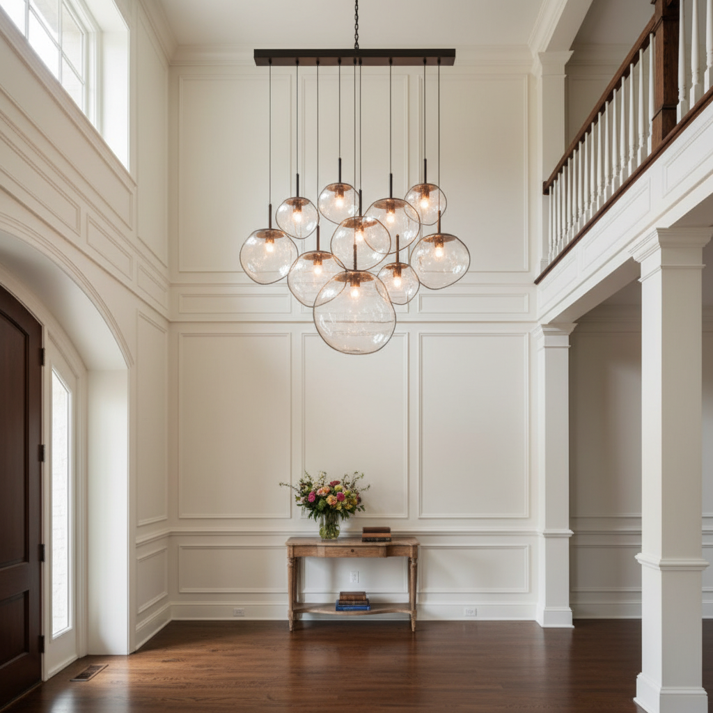 Luster Gaze Molten Glass Orb Chandelier - elegant American entryway with arched doorway