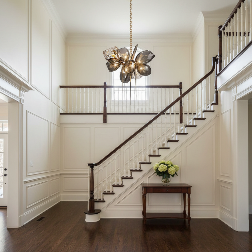 Luster Gaze Alabaster Bloom Contemporary Chandelier - elegant American entryway with arched doorway