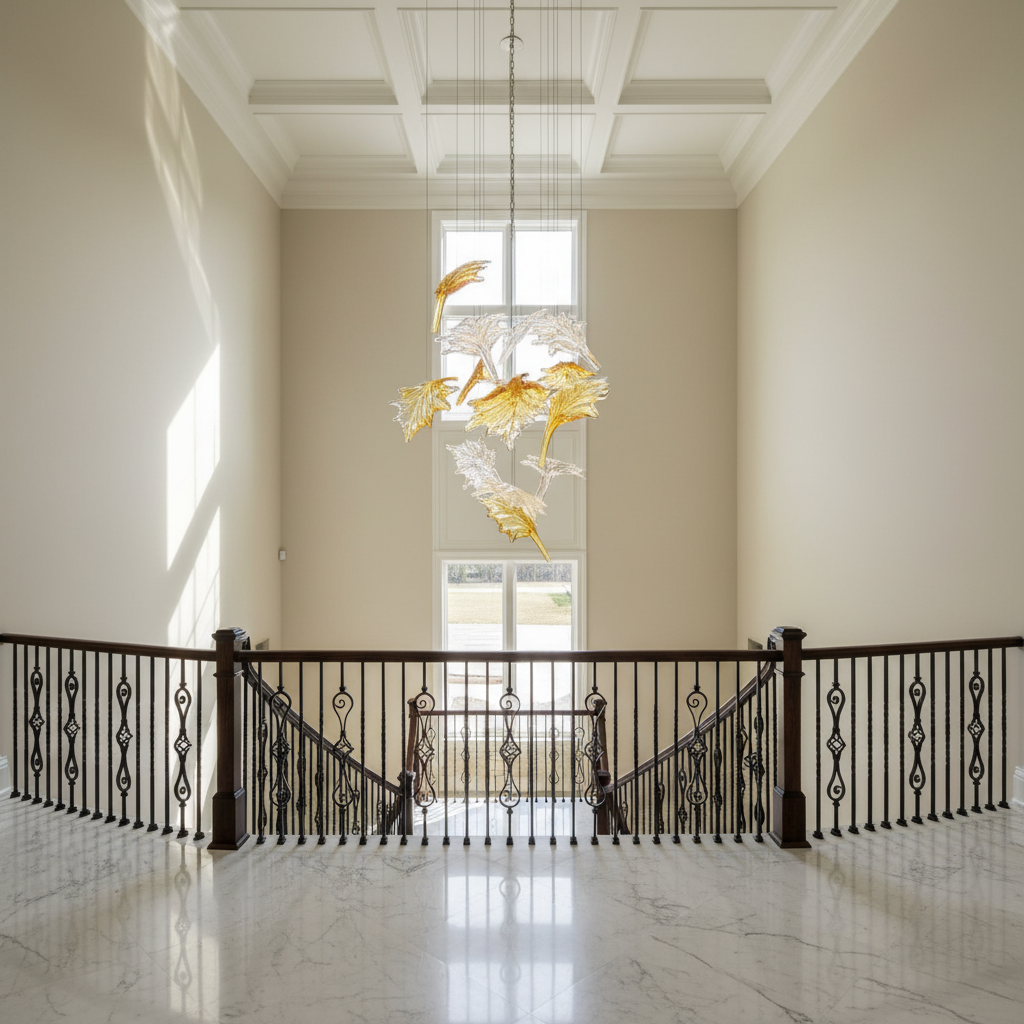 Luster Gaze Custom Multicolor Maple Leaf Art Glass Chandelier - Scene