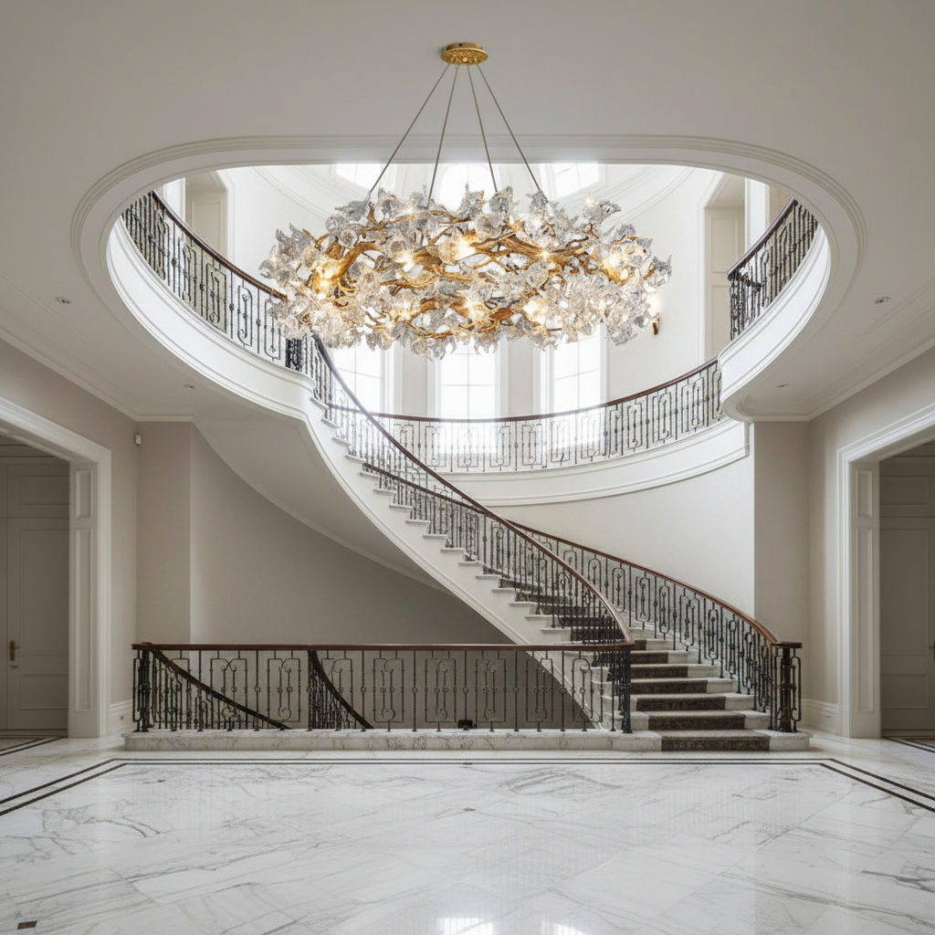 Luster Gaze Veridian Bloom Branch Chandelier - dramatic American stairwell with soaring ceiling