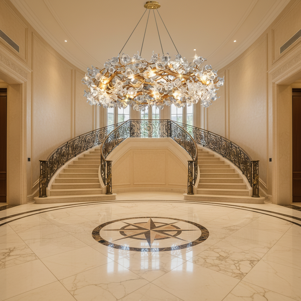 Luster Gaze Veridian Bloom Branch Chandelier - grand American foyer with two-story ceiling