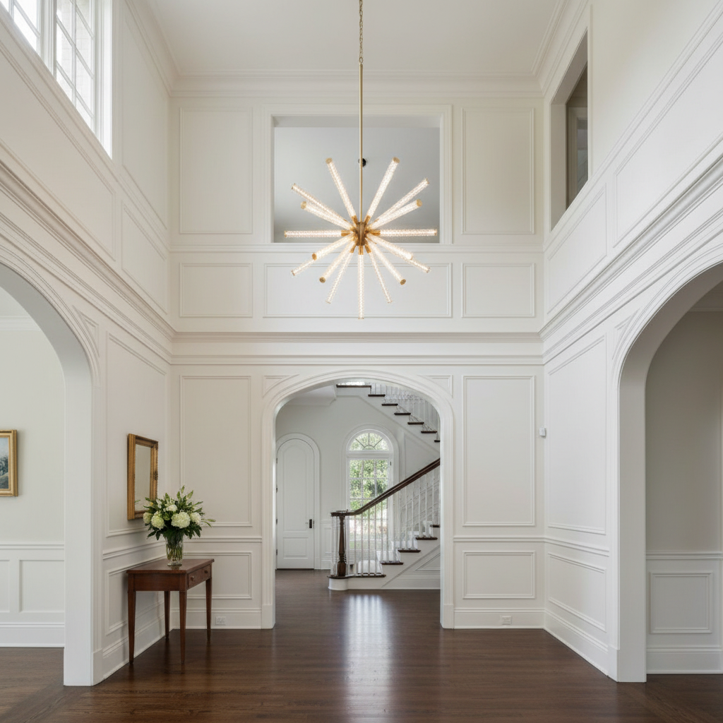 Luster Gaze Aura Weave Round LED Chandelier - elegant American entryway with arched doorway