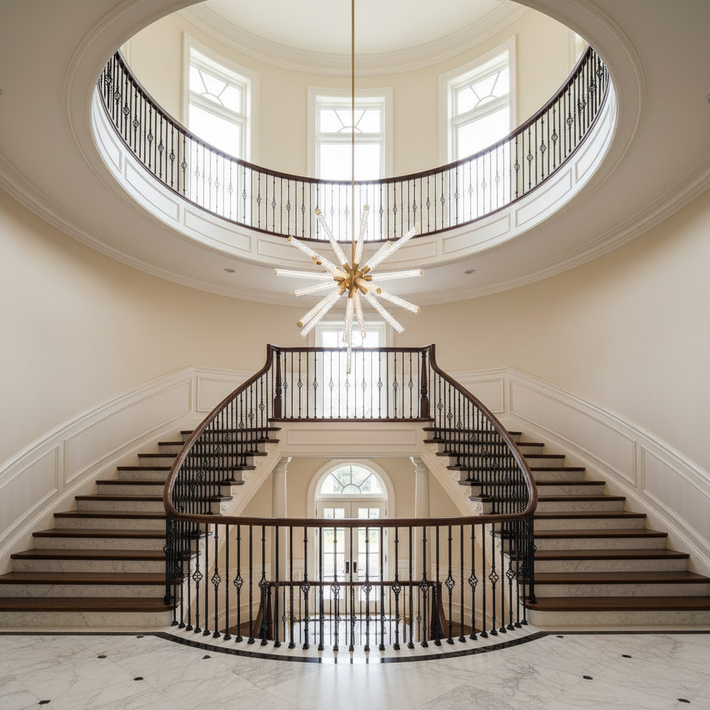 Luster Gaze Aura Weave Round LED Chandelier - dramatic American stairwell with soaring ceiling