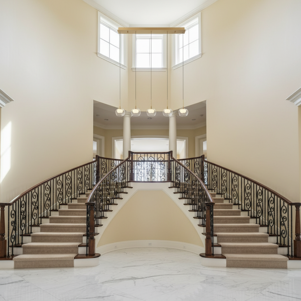Luster Gaze Aura Stream Linear LED Chandelier - dramatic American stairwell with soaring ceiling