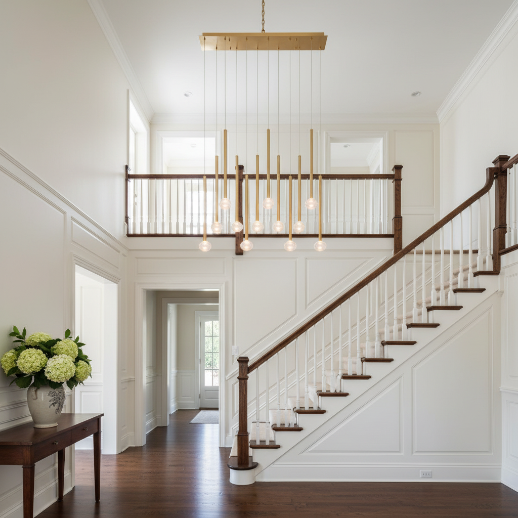 Luster Gaze Aura Stream Linear LED Chandelier - elegant American entryway with arched doorway
