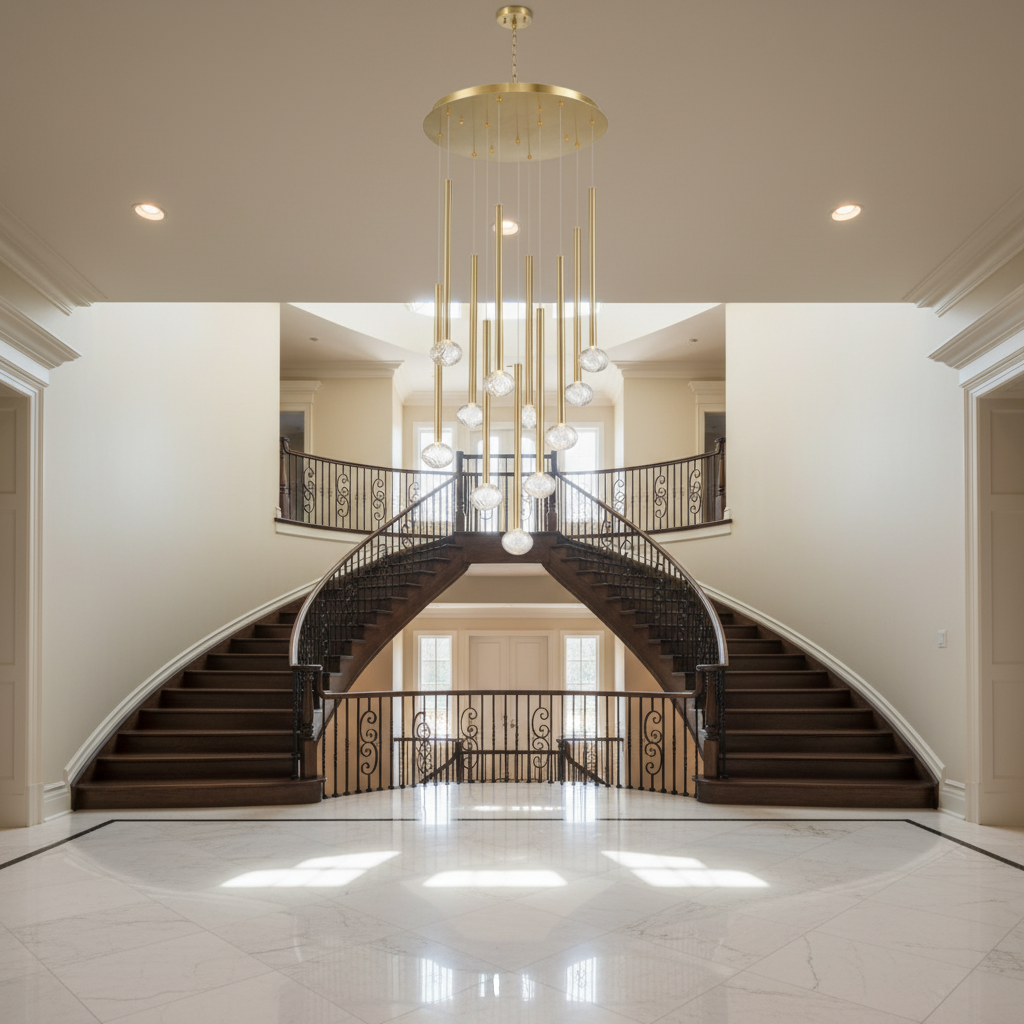 Luster Gaze Aura Cascade Round LED Chandelier - dramatic American stairwell with soaring ceiling