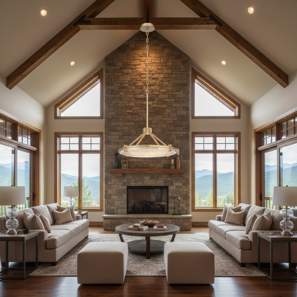 Luster Gaze Oceanic Radiance LED Chandelier - American transitional great room with cathedral ceiling