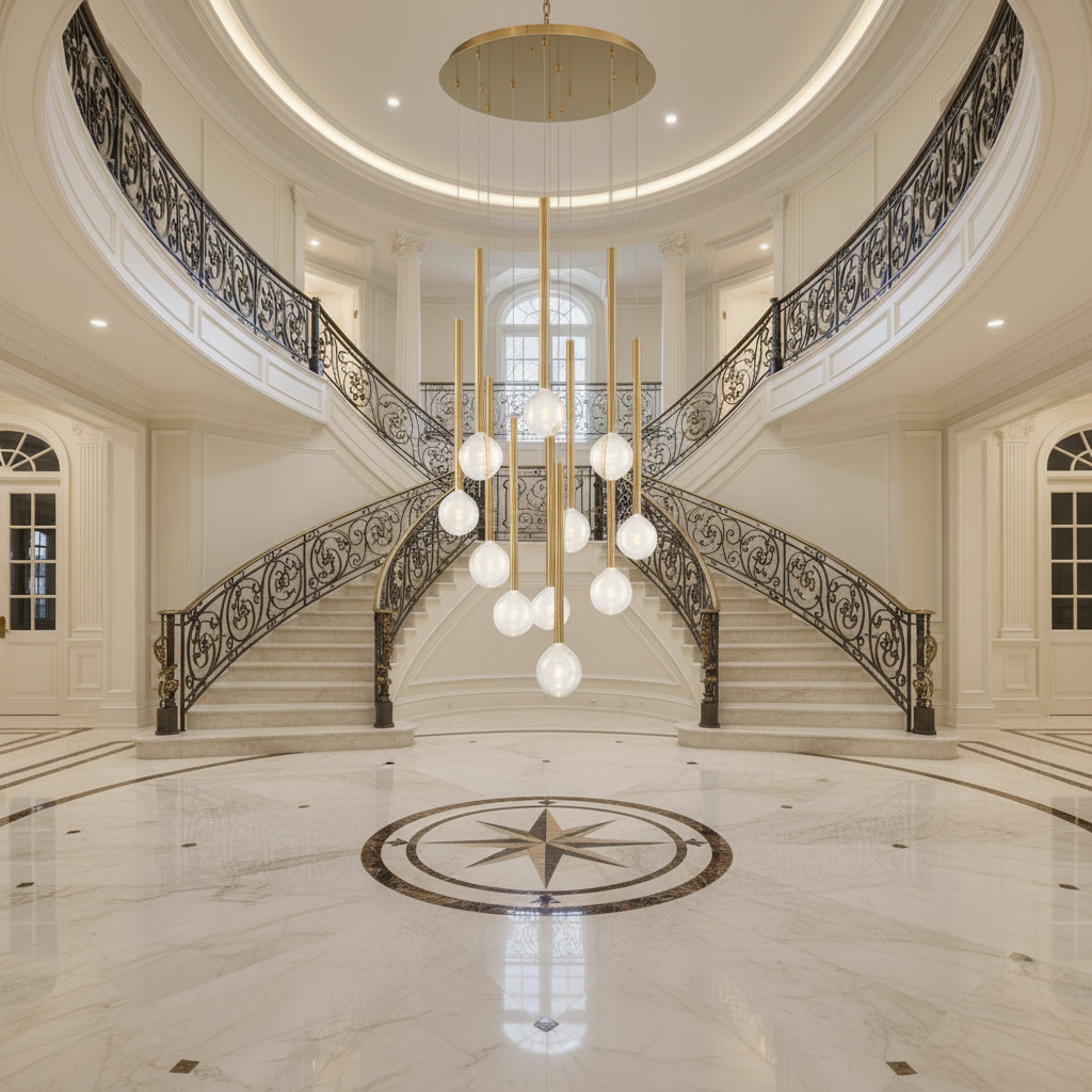 Luster Gaze Aura Droplet Round LED Chandelier - grand American foyer with two-story ceiling