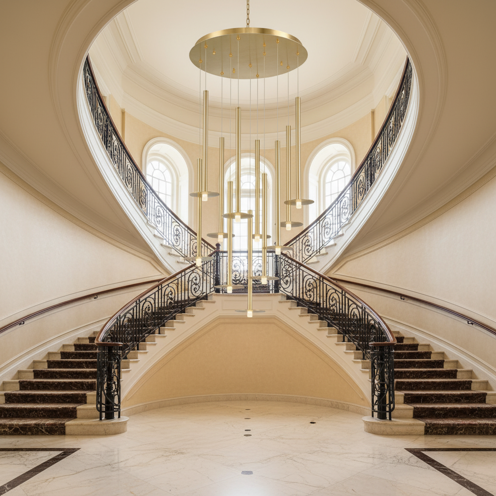 Luster Gaze Aura Grandeur Round LED Chandelier - dramatic American stairwell with soaring ceiling