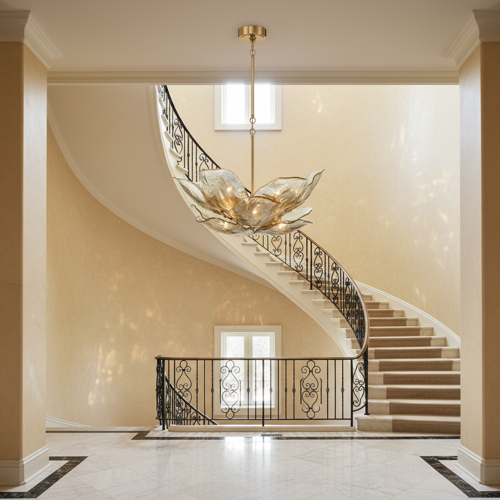 Luster Gaze Veridian Bloom Glass Chandelier - dramatic American stairwell with soaring ceiling