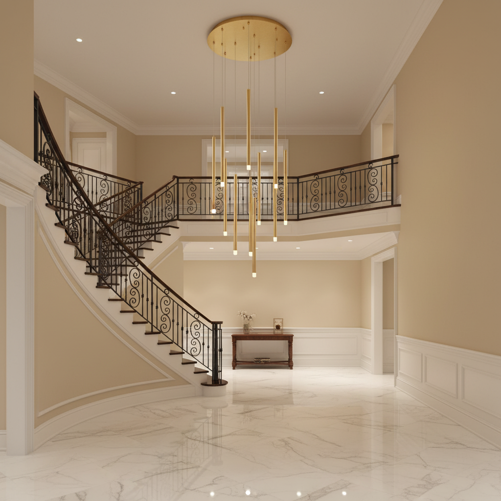 Luster Gaze Radiant Spire Round LED Chandelier - grand American foyer with soaring ceiling