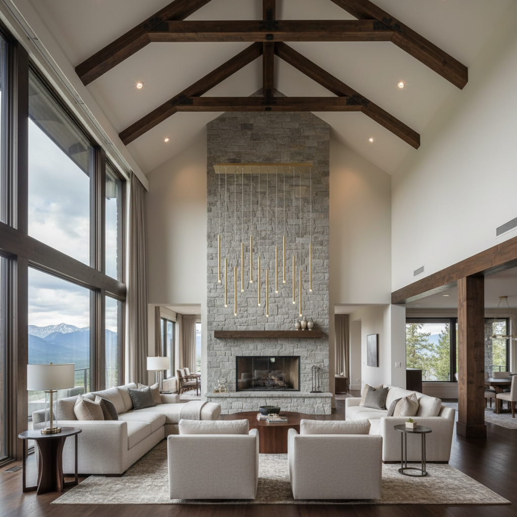 Luster Gaze Aura Cascade Linear LED Chandelier - luxury American great room with cathedral ceiling