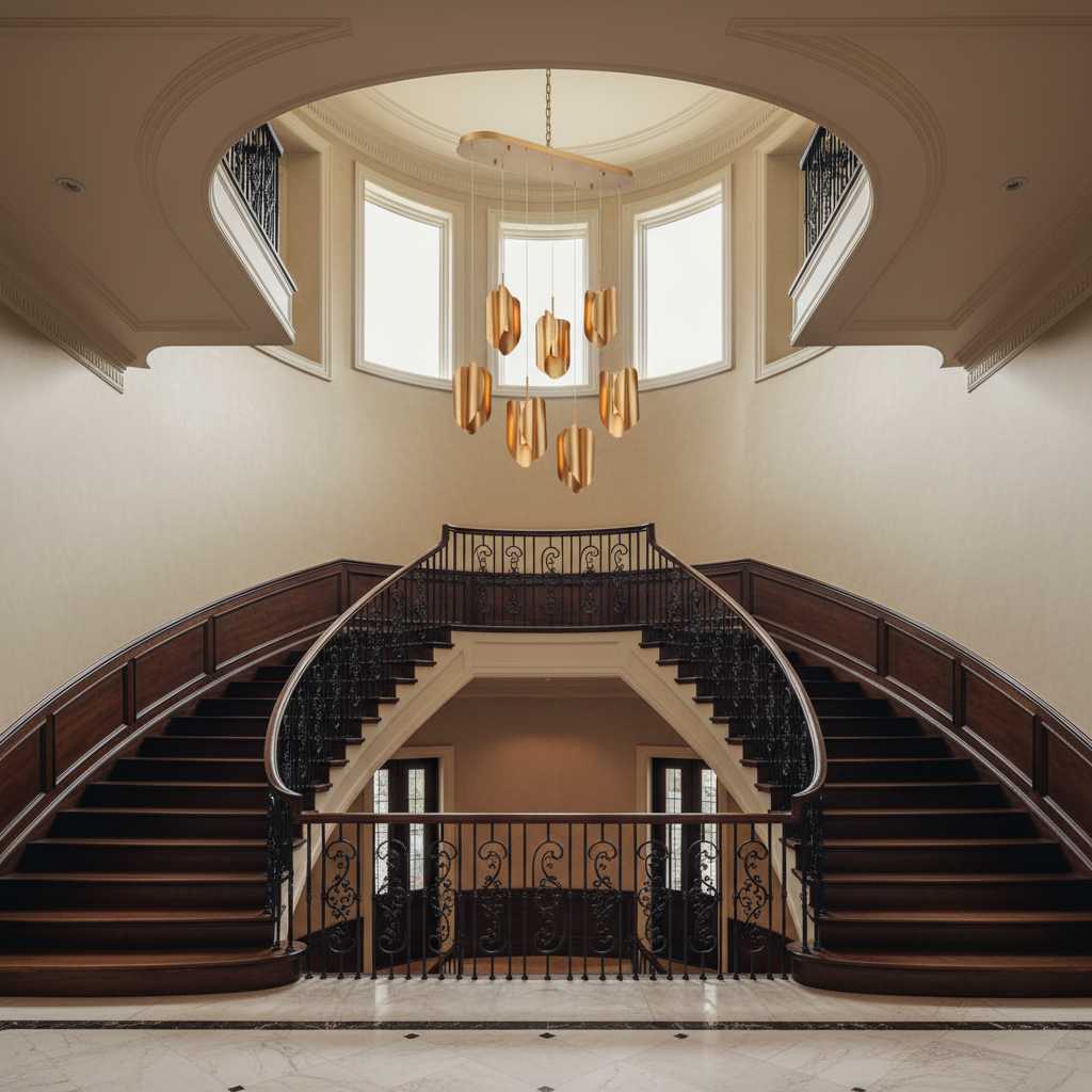 Luster Gaze Aura Petal Oval LED Chandelier - dramatic American stairwell with soaring ceiling