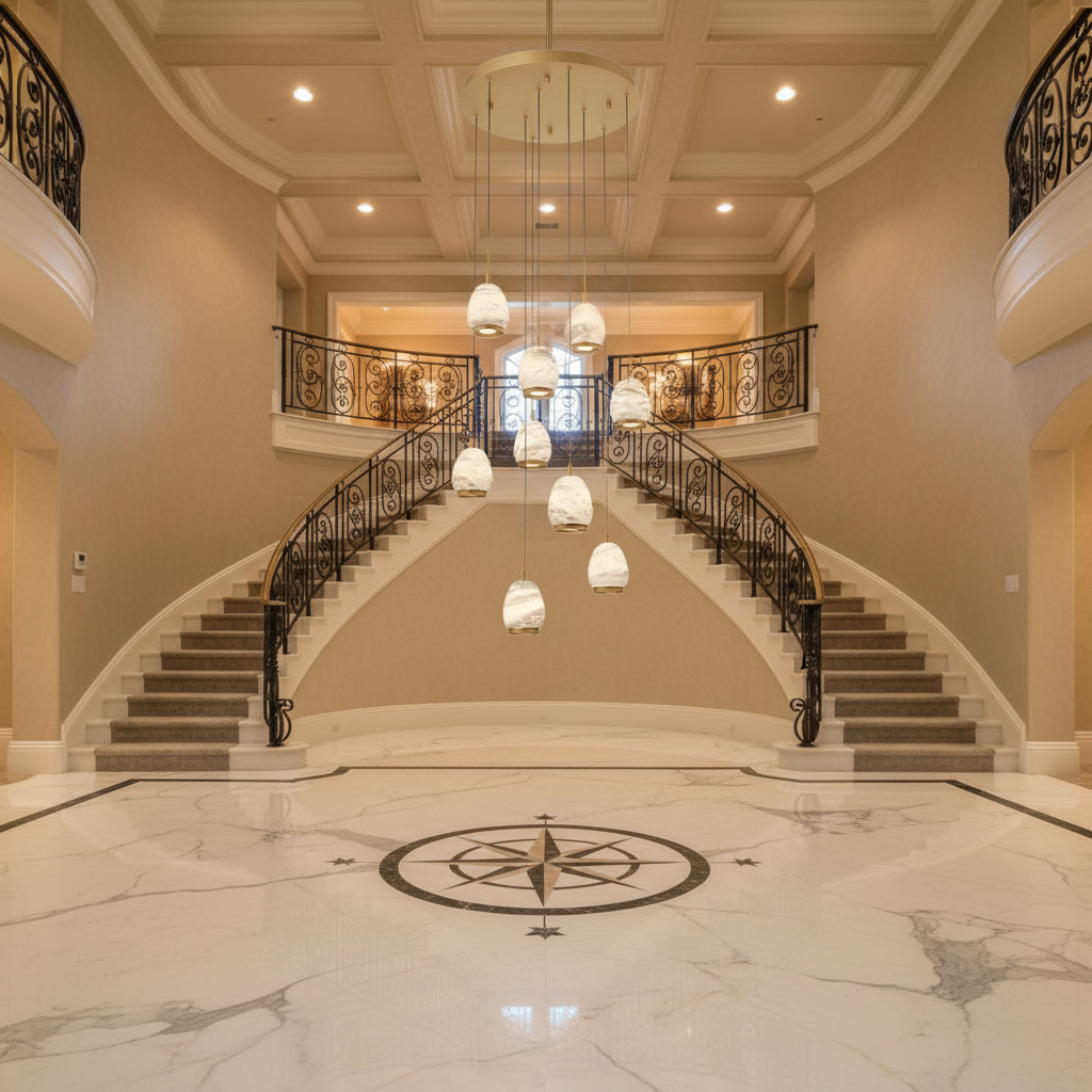 Luster Gaze Alabaster Aura Round LED Chandelier - grand American foyer with two-story ceiling