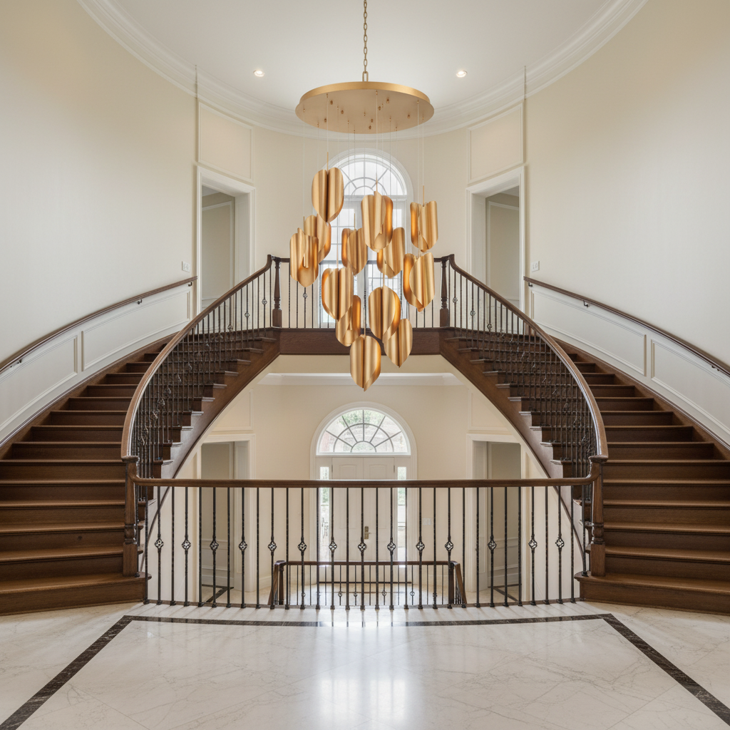 Luster Gaze Tobey Round LED Chandelier - dramatic American stairwell with soaring ceiling