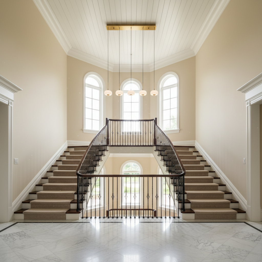 Luster Gaze Aura Stream 5-Light Linear LED Chandelier - dramatic American stairwell with soaring ceiling