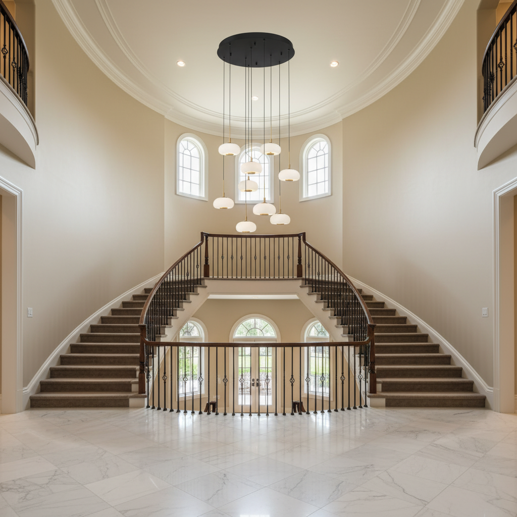 Luster Gaze Celestial Orb 9-Light Round LED Chandelier - dramatic American stairwell with soaring ceiling