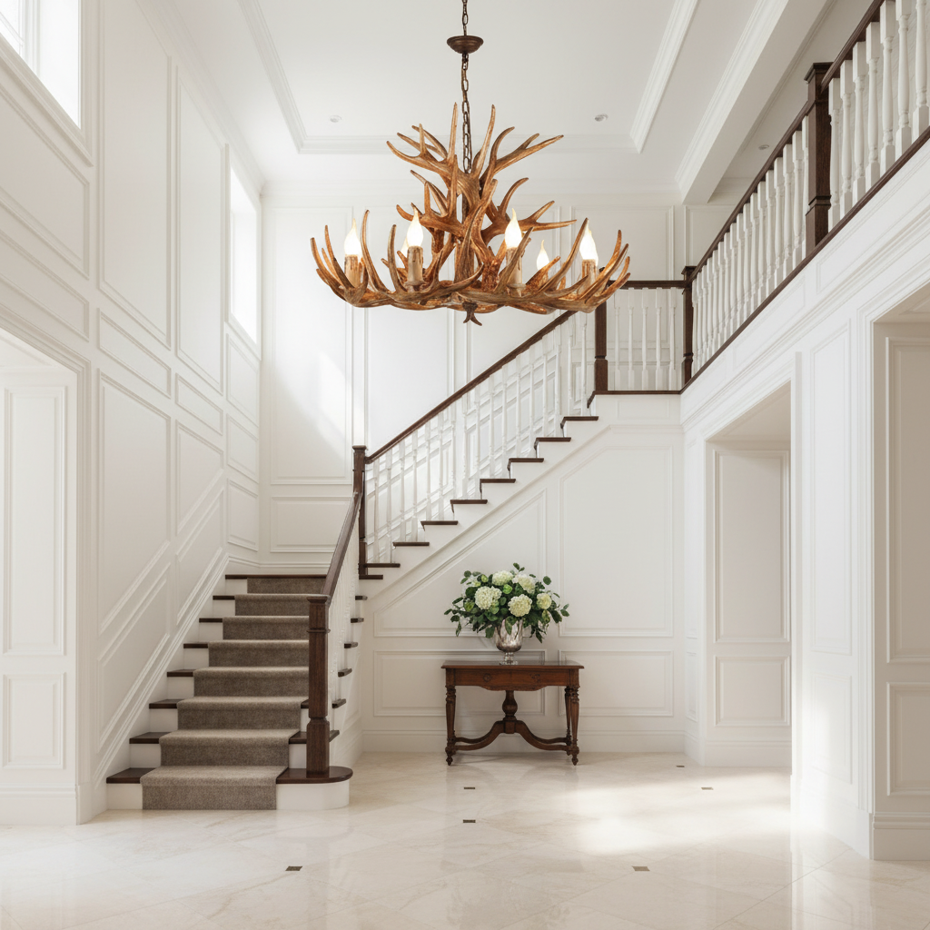 Luster Gaze Rustic Antler Candelabra Chandelier - elegant American entryway with arched doorway