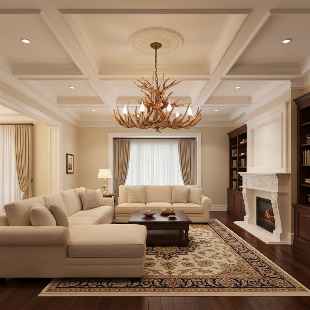 Luster Gaze Rustic Antler Candelabra Chandelier - luxurious American living room with tray ceiling
