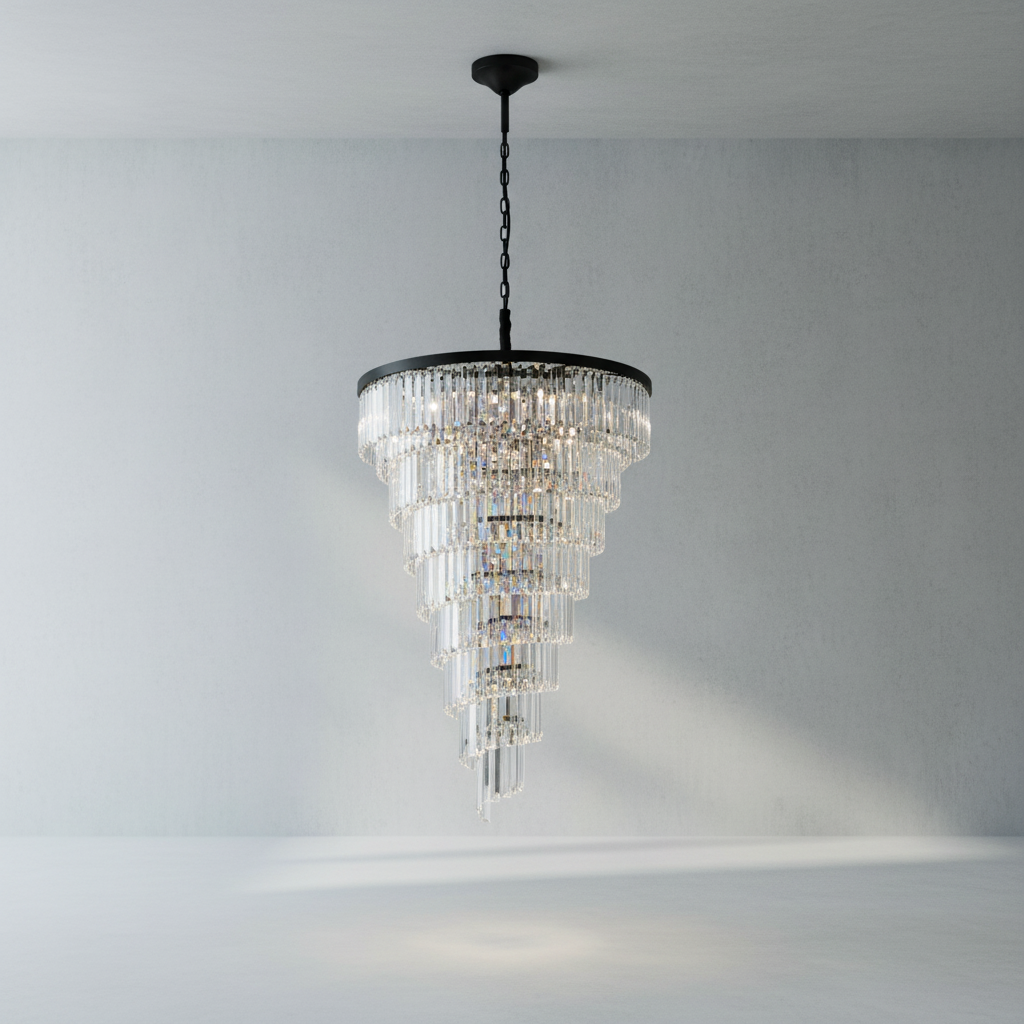 Luster Gaze Extra Large Multi-Tiered Spiral Chandelier in Black Finish - Background Shot