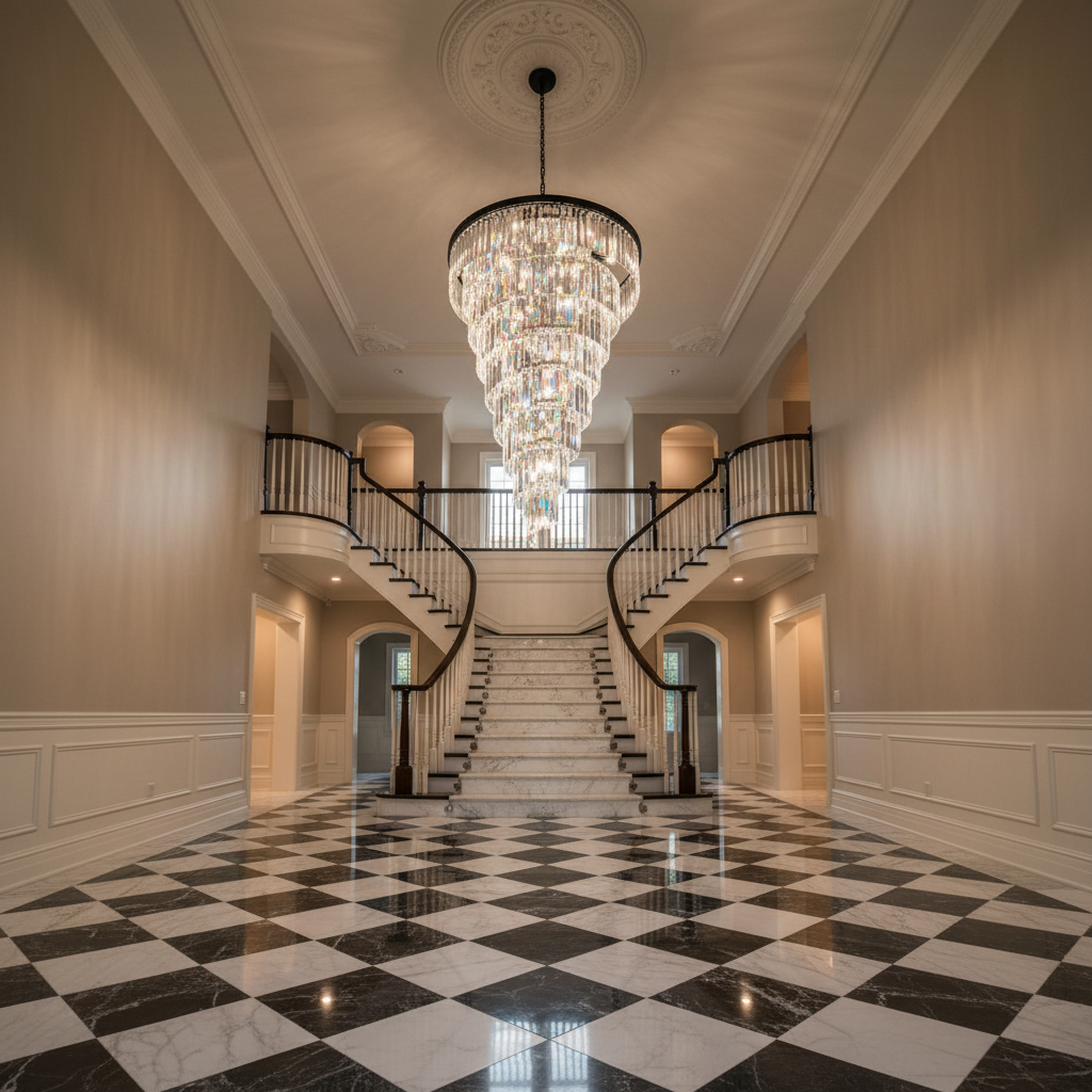 Luster Gaze Extra Large Multi-Tiered Spiral Chandelier in Black Finish - grand American estate foyer