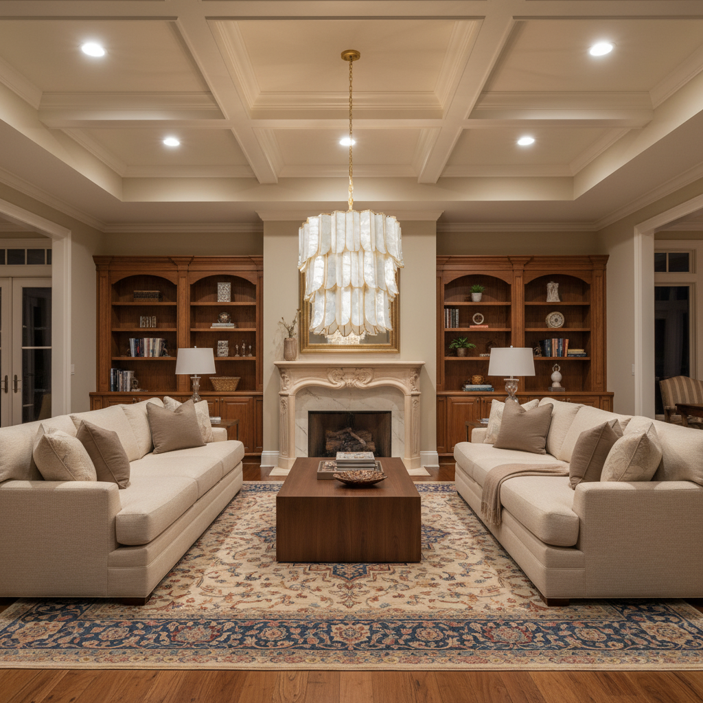 Luster Gaze Capiz Bloom Vintage Gold Leaf Chandelier - luxurious American living room with tray ceiling