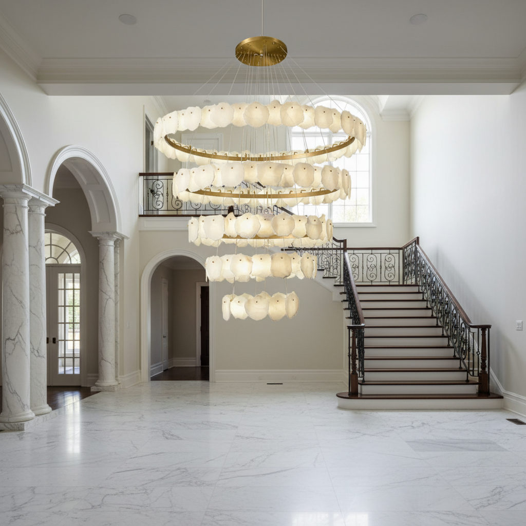 Luster Gaze Aura Tiered Circular Alabaster Chandelier - American estate entrance hall