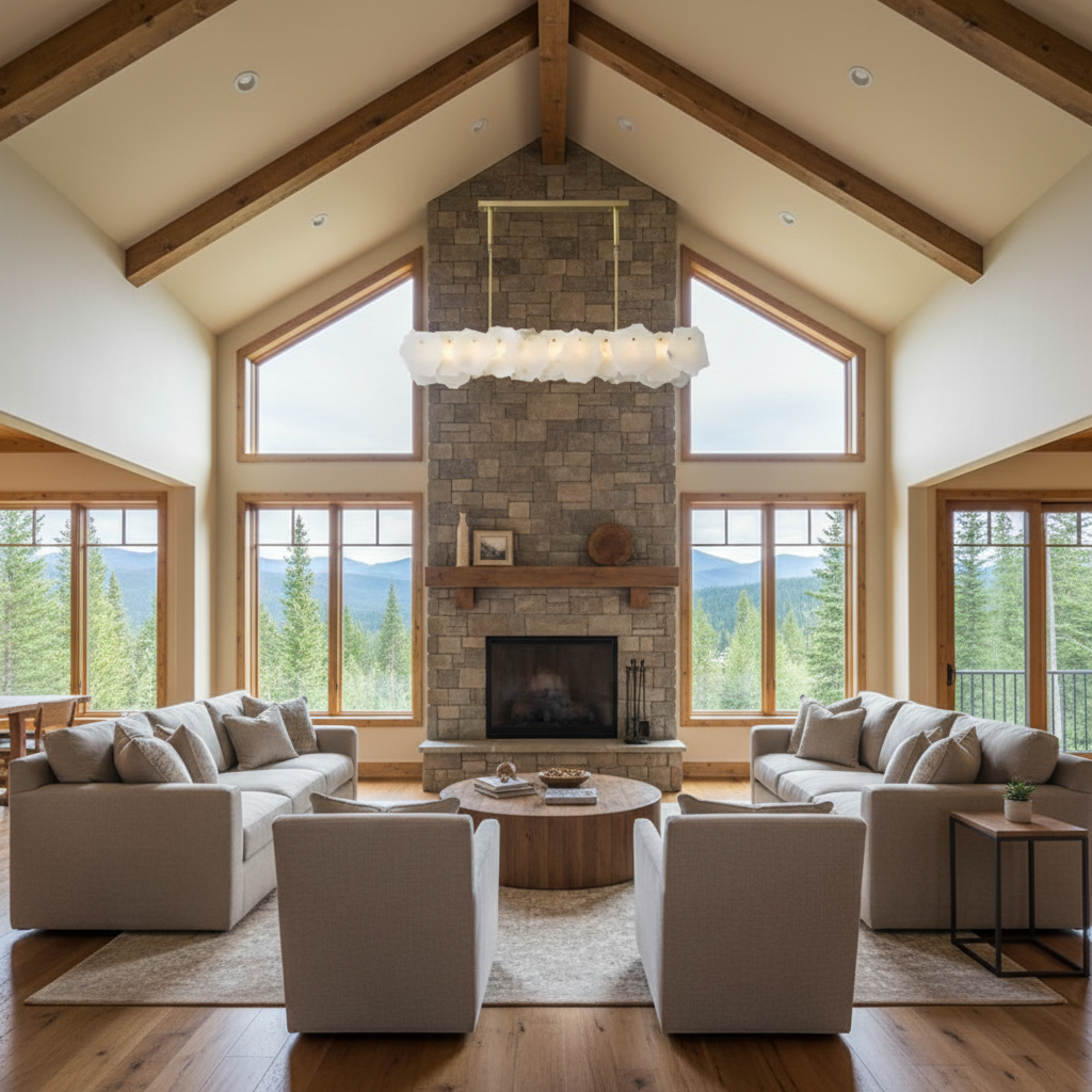 Luster Gaze Veridian Oval Alabaster Chandelier - American transitional great room with cathedral ceiling