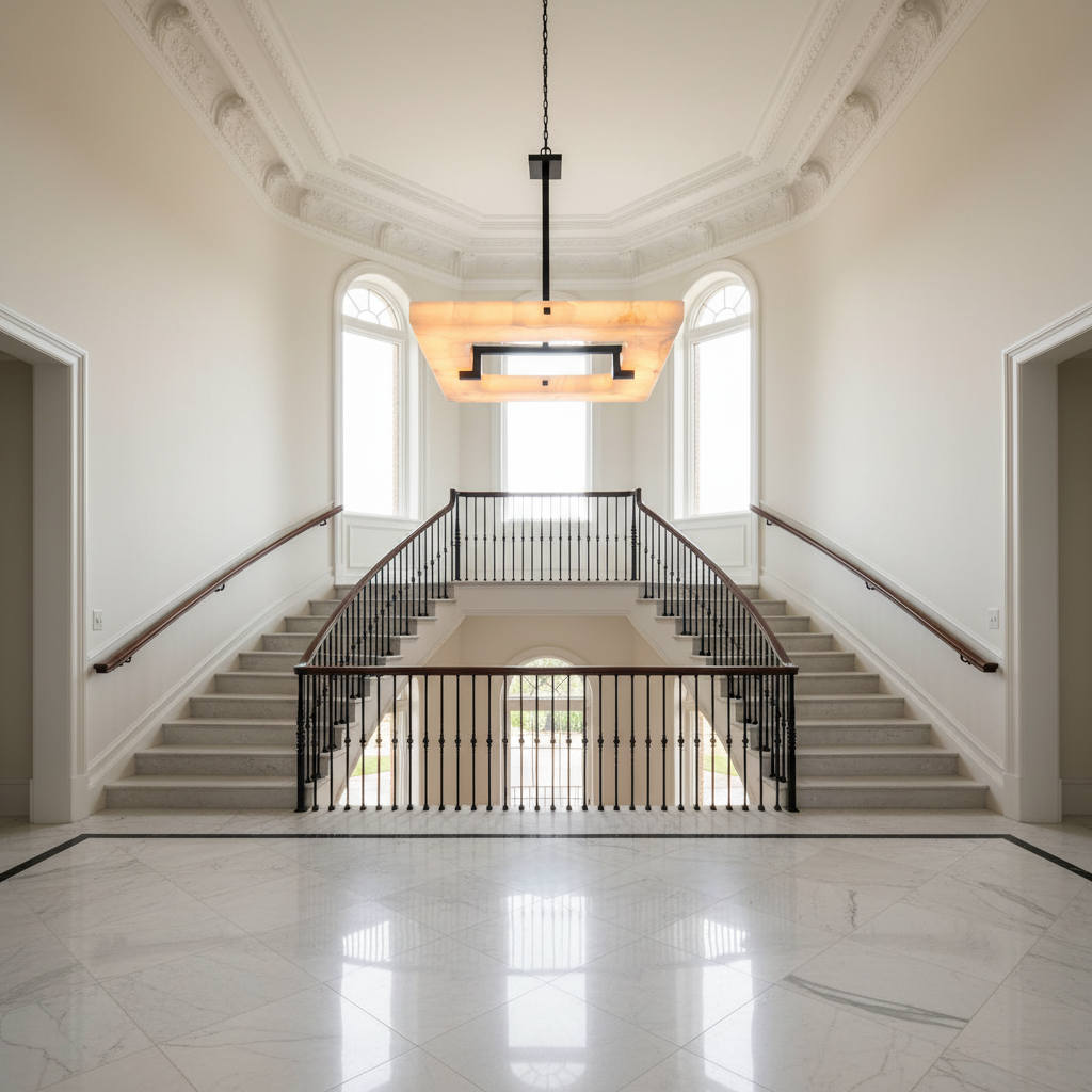 Luster Gaze Alabaster Square Radiance Chandelier - dramatic American stairwell with soaring ceiling