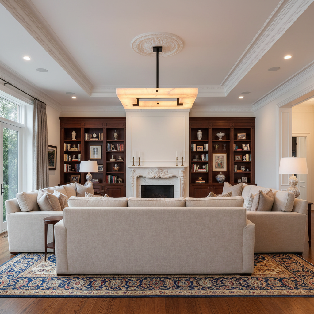 Luster Gaze Alabaster Square Radiance Chandelier - luxurious American living room with tray ceiling