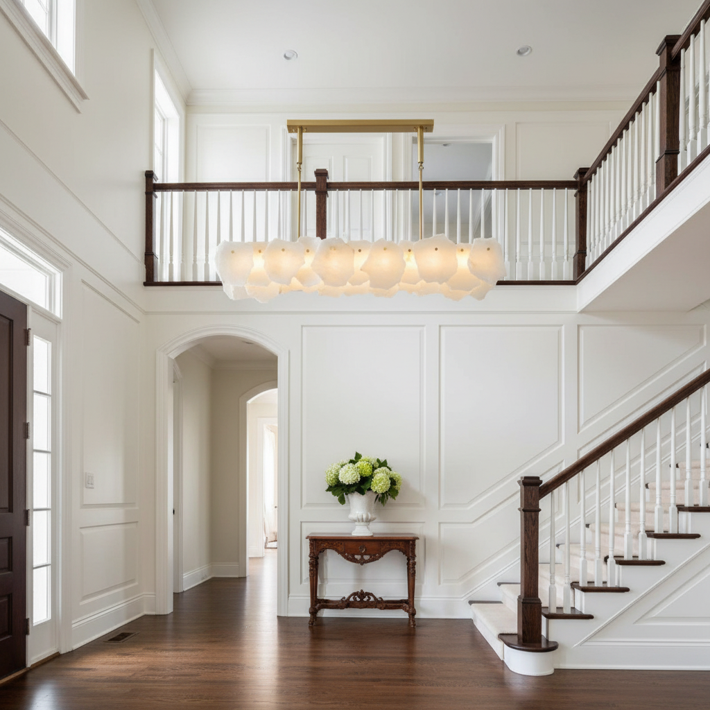 Luster Gaze Veridian Oval Alabaster Chandelier - elegant American entryway with arched doorway