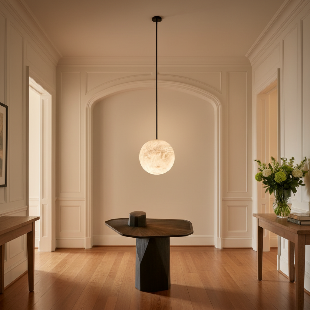 Luster Gaze Celestial Alabaster Sphere Multi-Pendant Chandelier - elegant American entryway with arched doorway