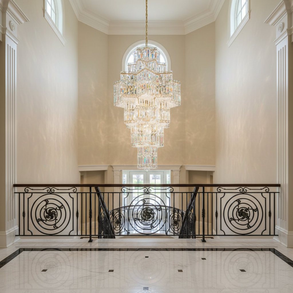 Luster Gaze Celestial Radiance Chandelier - dramatic American stairwell with soaring ceiling