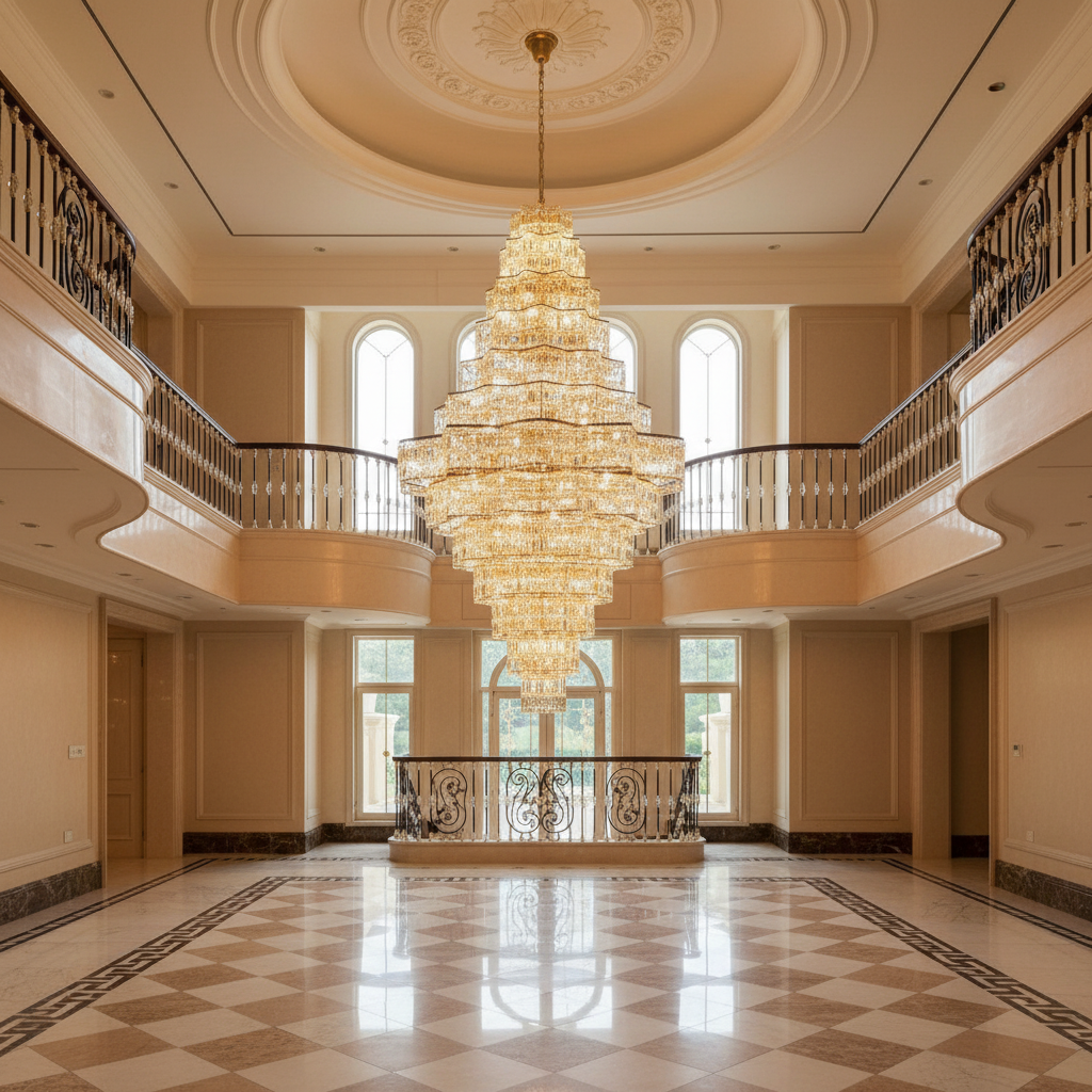Luster Gaze Extra Large Plaza Hall Multi-Tier Crystal Chandelier Foyer Living Room Staircase Ceiling Lighting Fixture In Chrome/ Silver Finish - Scene
