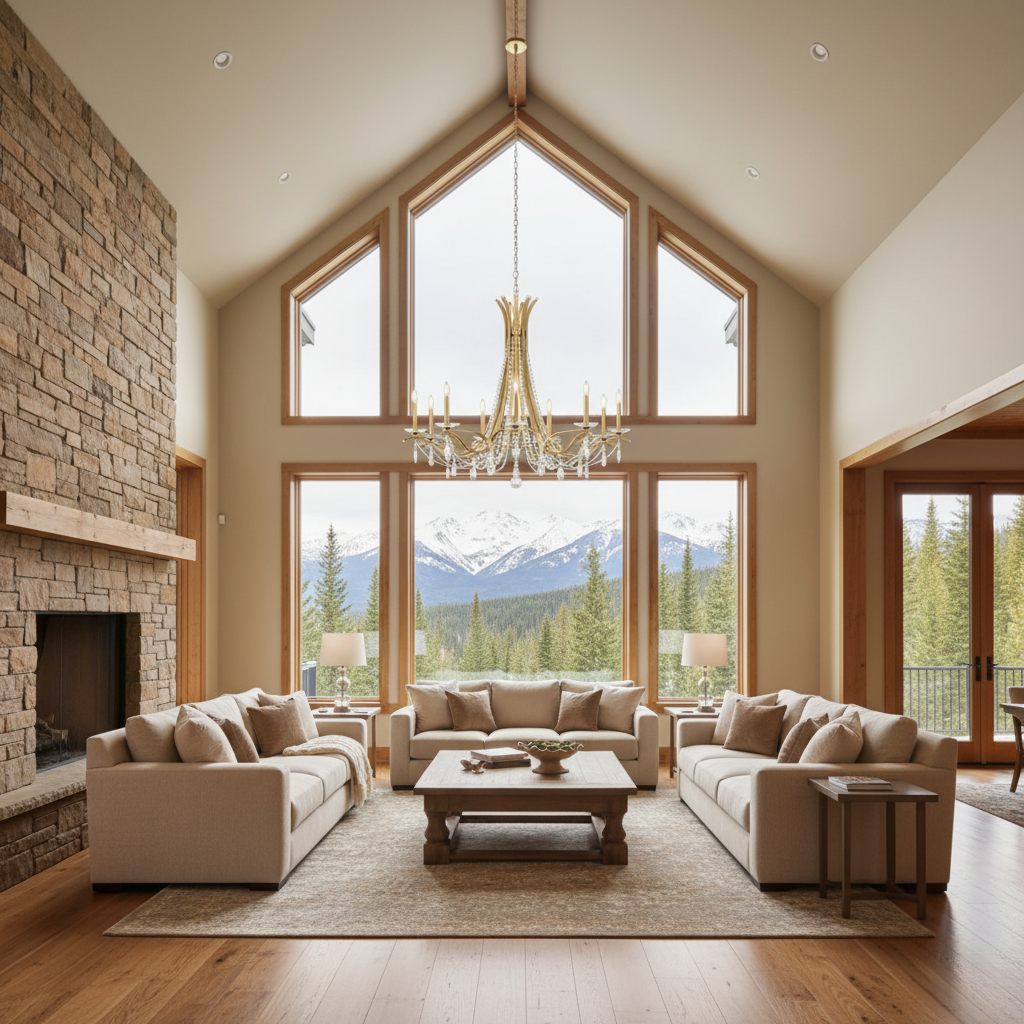 Luster Gaze Veridian Bloom Round Chandelier - American transitional great room with cathedral ceiling