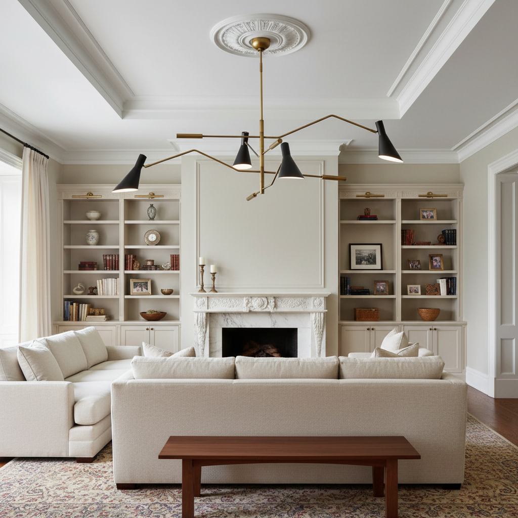 Luster Gaze Sculptural Beam Modern Chandelier - luxurious American living room with tray ceiling