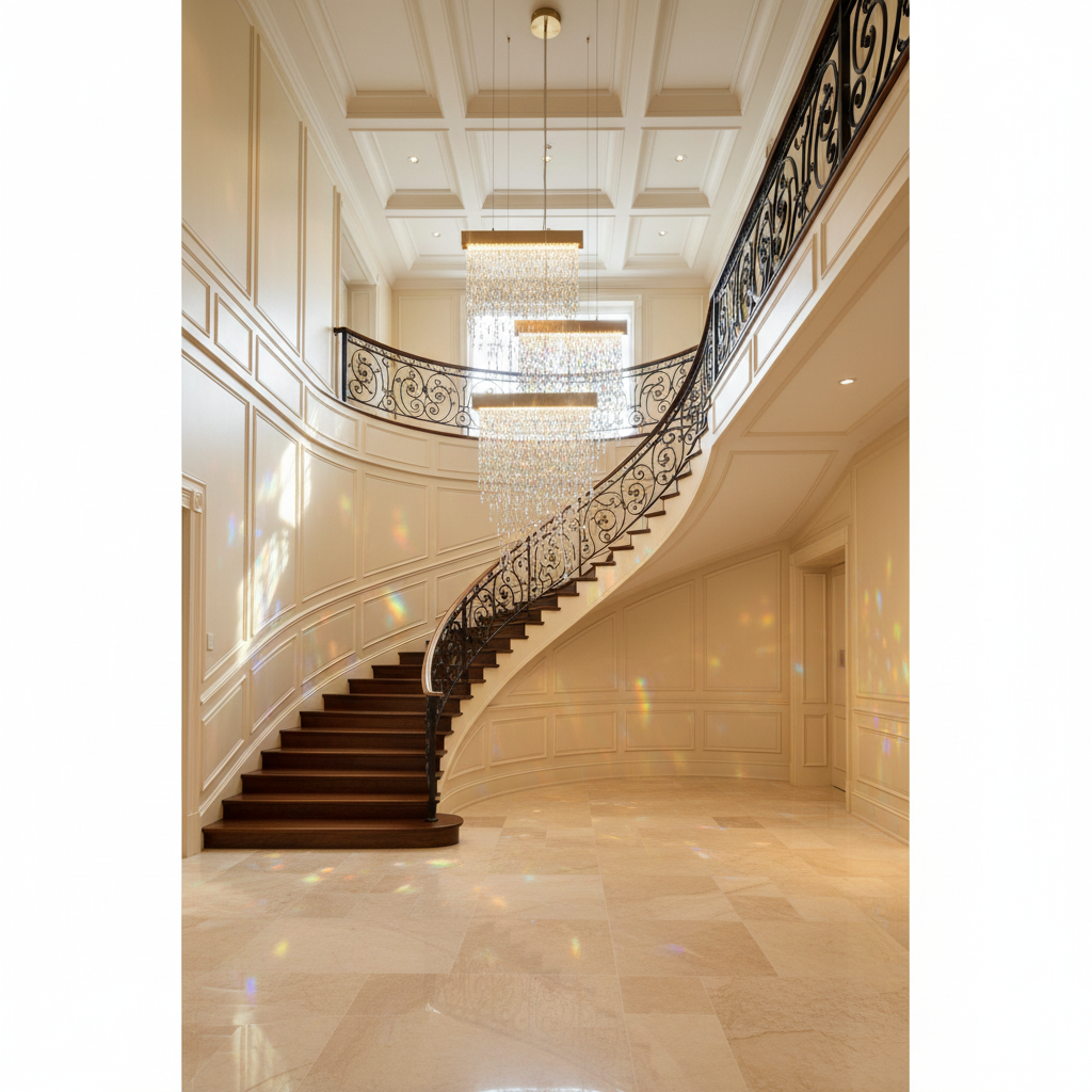Luster Gaze Radiant Cascade Tassel Chandelier - dramatic American stairwell with soaring ceiling