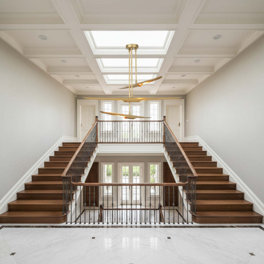 Luster Gaze Aeroform Triple-Tier Chandelier - dramatic American stairwell with three-story void