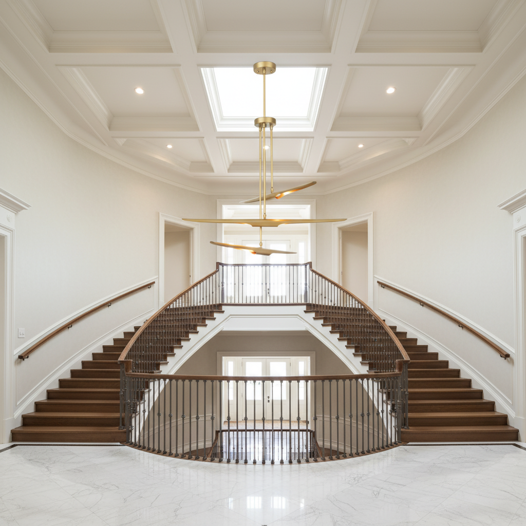 Luster Gaze Pulsara Chandelier - dramatic American stairwell with three-story void