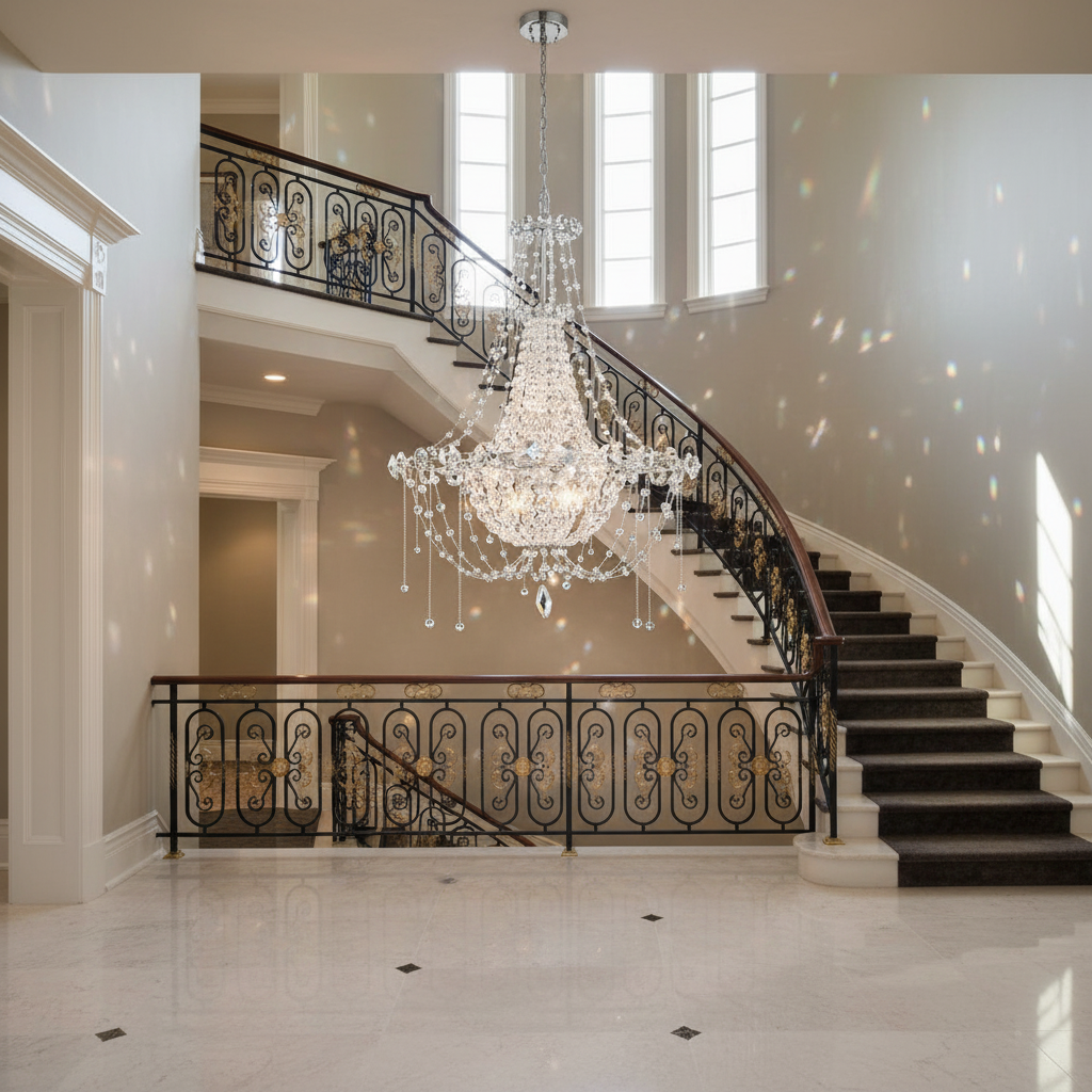 Luster Gaze Radiant Cascade Chandelier 18" - dramatic American stairwell with soaring ceiling