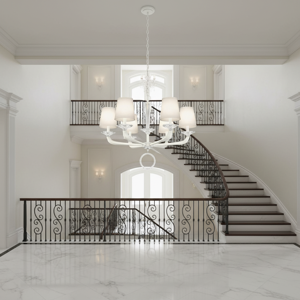 Luster Gaze Embrace Radiance 6-Light Chandelier - dramatic American stairwell with soaring ceiling