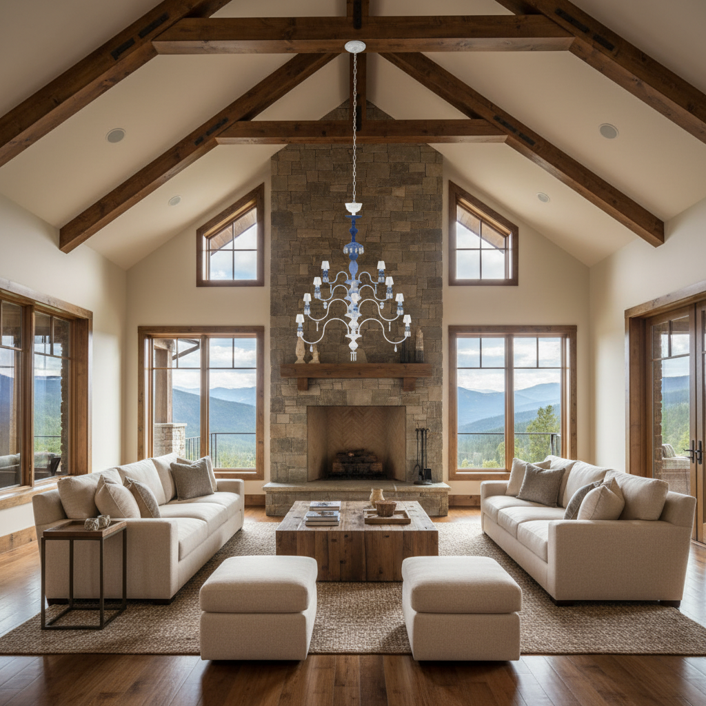 Luster Gaze Midnight Bloom Porcelain Chandelier - American transitional great room with cathedral ceiling