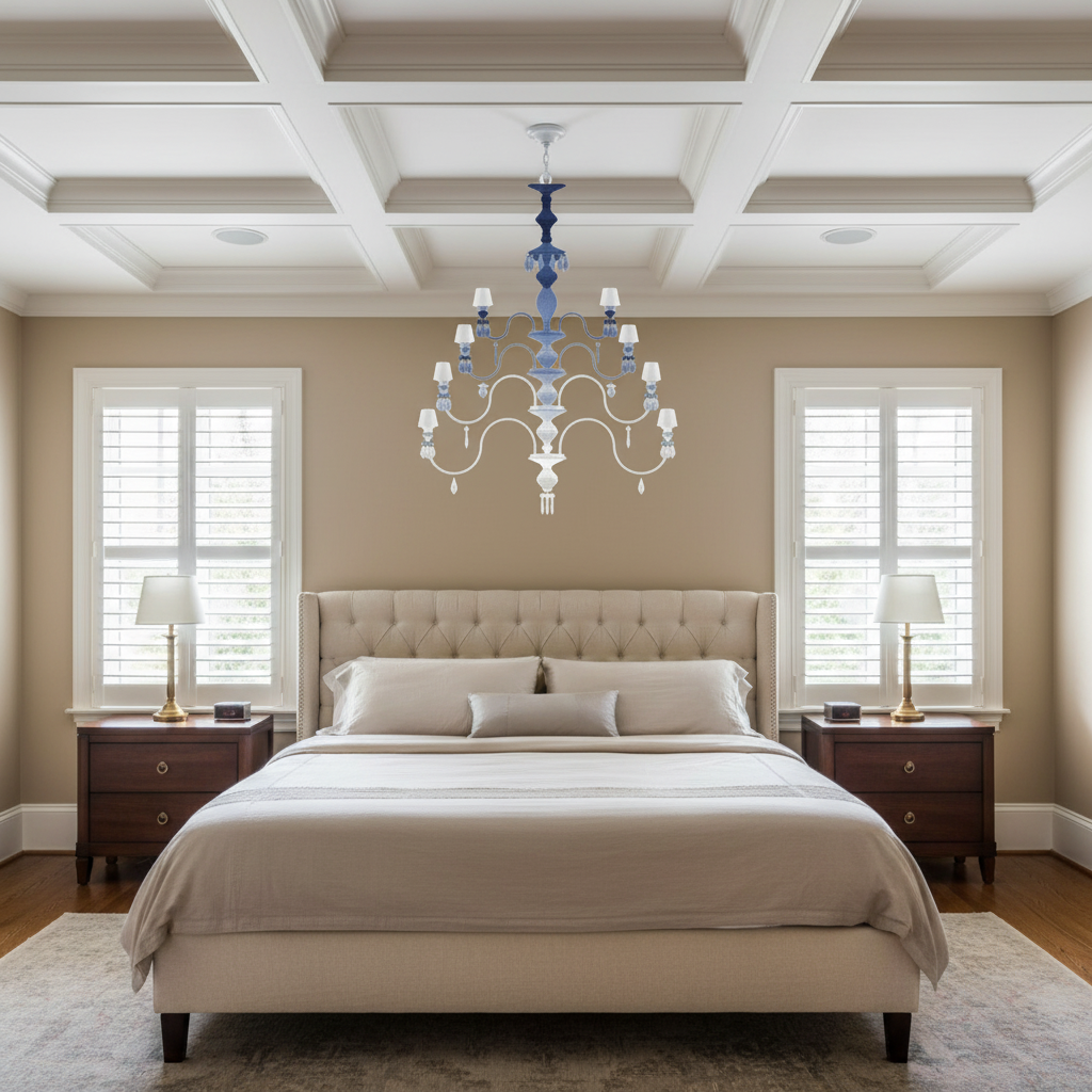 Luster Gaze Midnight Bloom Porcelain Chandelier - American master bedroom with coffered ceiling