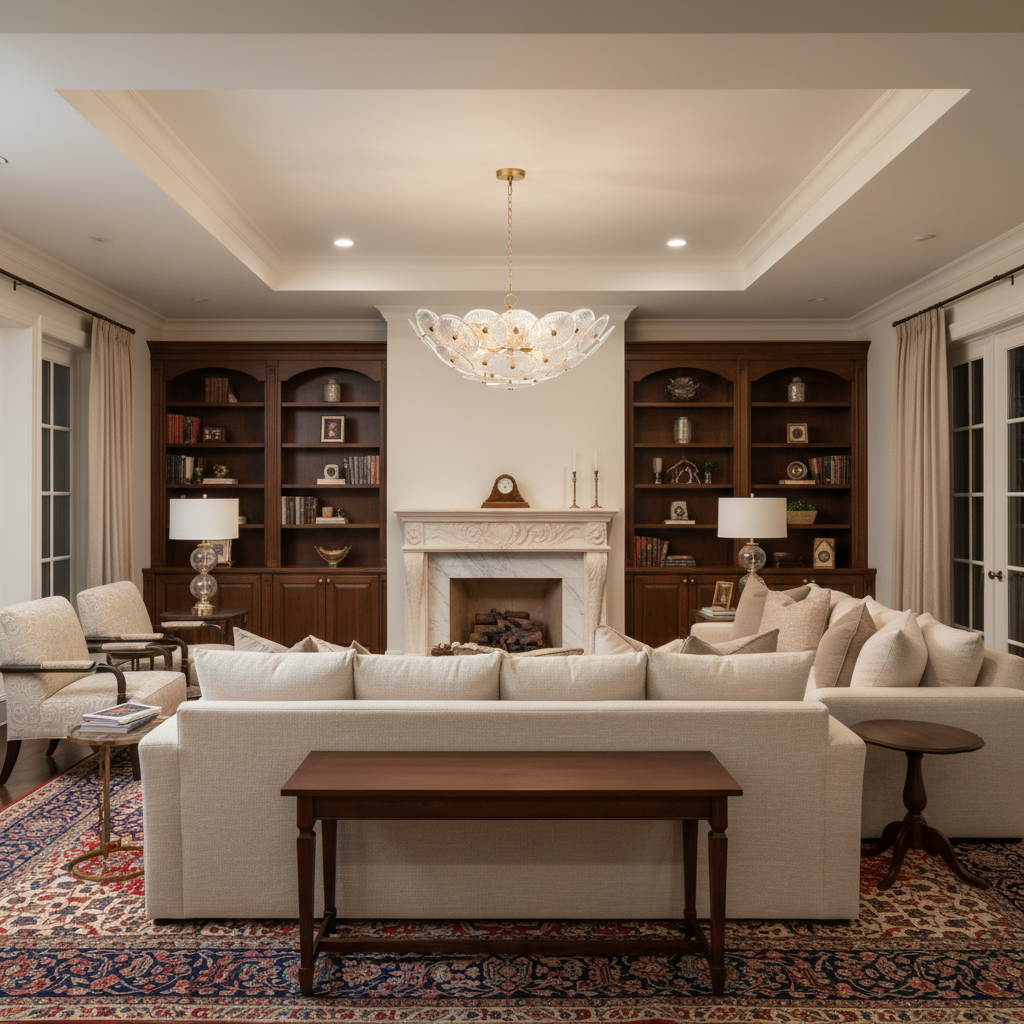 Luster Gaze Veridian Bloom Chandelier - luxurious American living room with tray ceiling