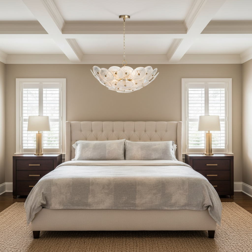Luster Gaze Veridian Bloom Chandelier - American master bedroom with coffered ceiling