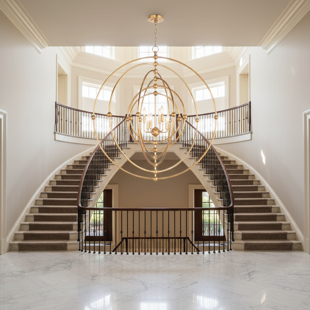 Luster Gaze Aura Sphere Grand Chandelier - dramatic American stairwell with soaring ceiling