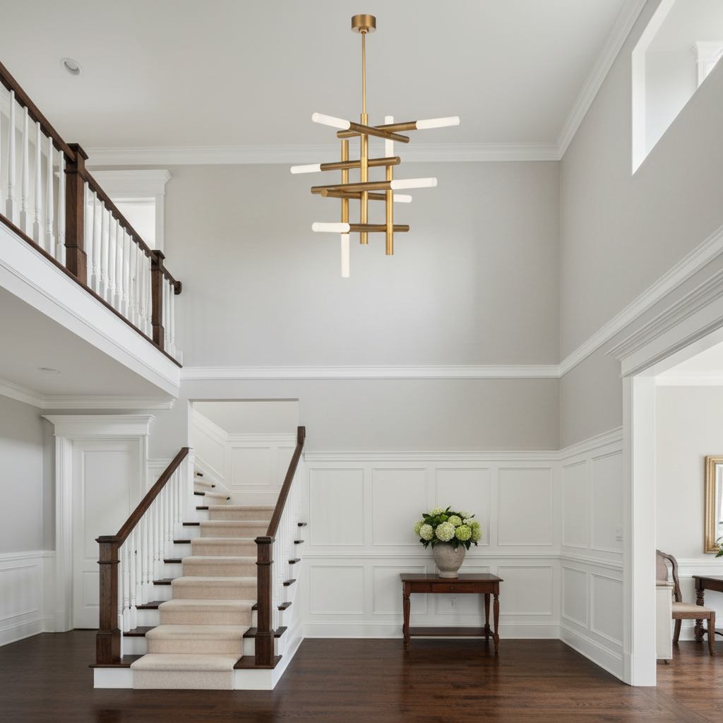 Luster Gaze Geometric Horizon Brass Chandelier - elegant American entryway with arched doorway