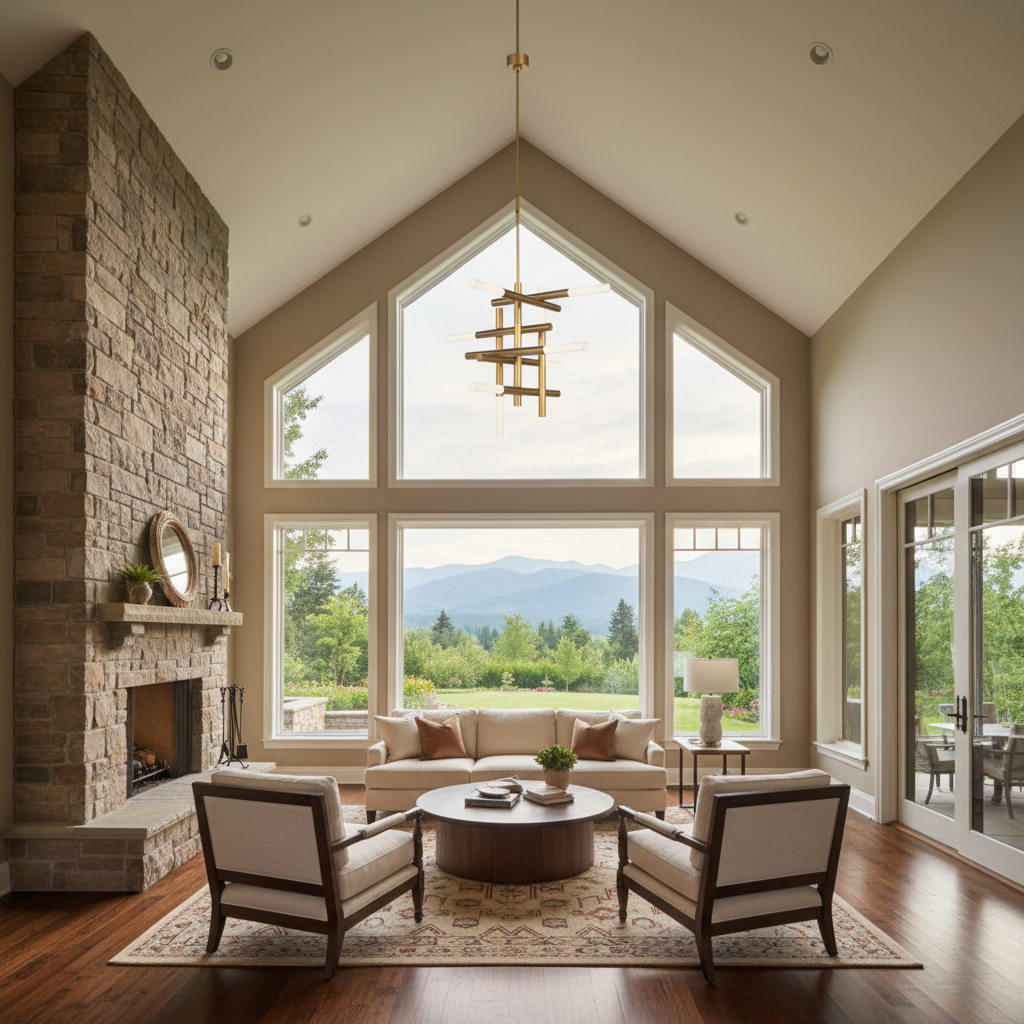 Luster Gaze Geometric Horizon Brass Chandelier - American transitional great room with cathedral ceiling