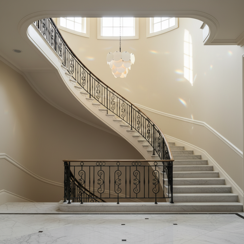Luster Gaze Aura Cascade White Glass Chandelier - dramatic American stairwell with soaring ceiling