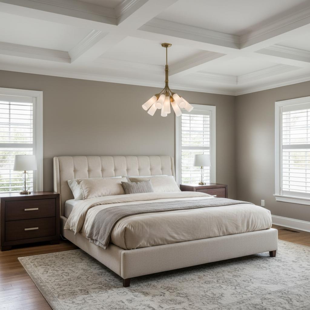 Luster Gaze Veridian Bloom 9-Light Chandelier - American master bedroom with coffered ceiling